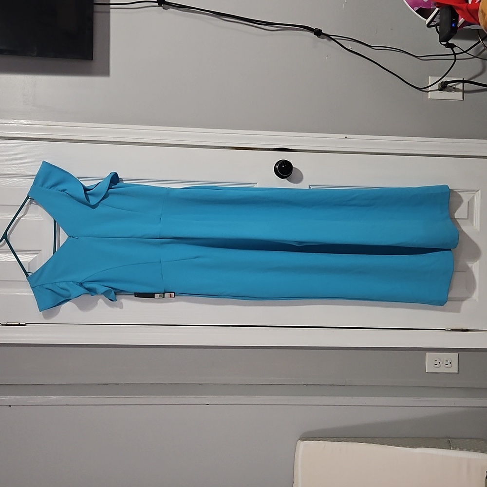 Rachel Rachel Roy Elegant Aqua Blue Jumpsuit with Flutter Sleeves and V-Neck L - Picture 6 of 7